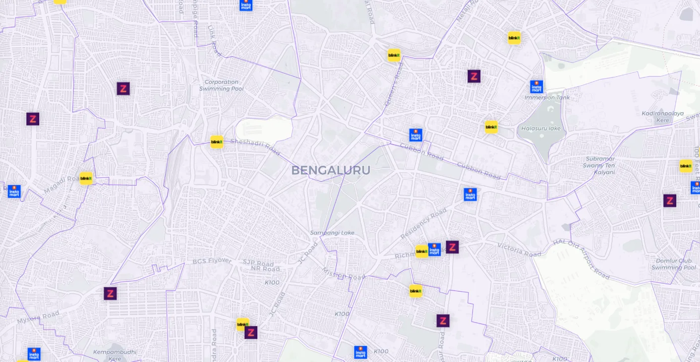 Map of central Bengaluru with Blinkit, Instamart and Zepto dark stores marked