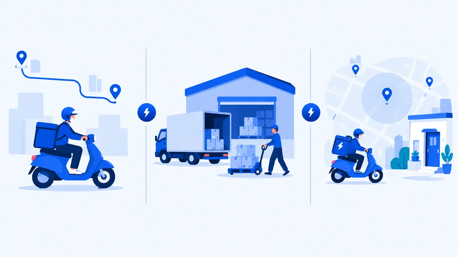 Illustration of three delivery models: a rider on a route, a truck loading at a warehouse, and a rider delivering locally from a nearby store