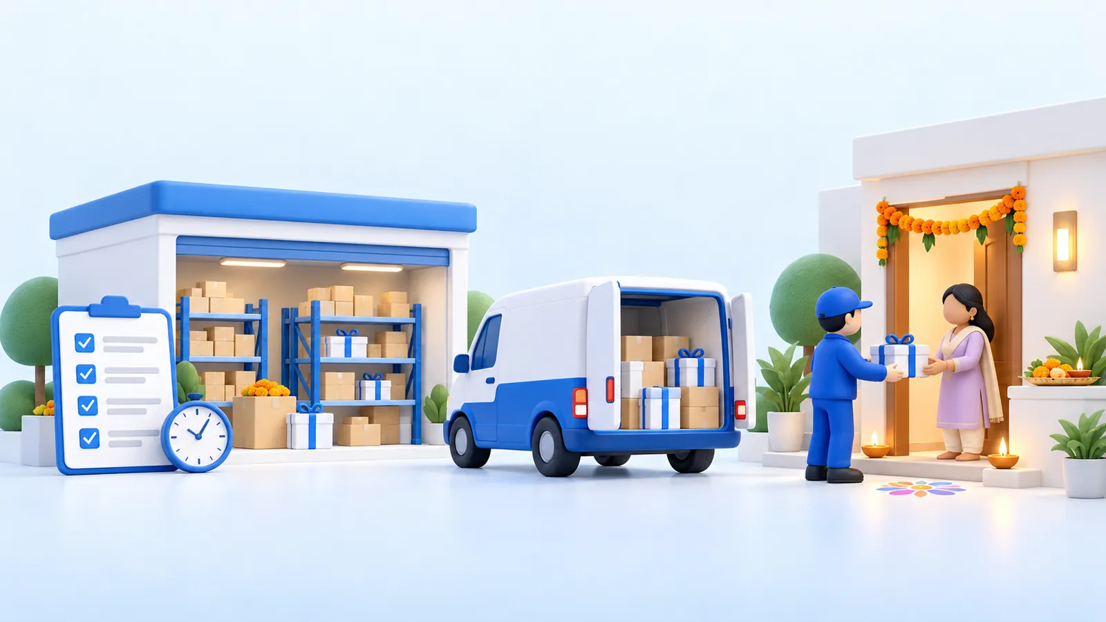 A stocked dark store with a checklist and a clock, a delivery van loaded with gift boxes, and a rider handing a festive gift to a customer at a doorway decorated for Diwali