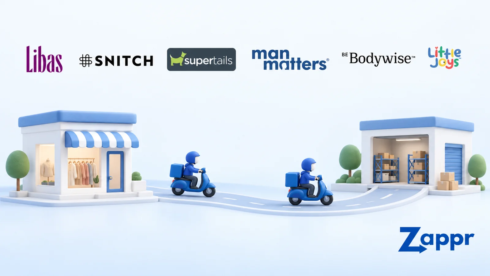 Logos of Libas, Snitch, Supertails, Man Matters, Be Bodywise and Little Joys above an illustration of delivery riders travelling between a retail store and a dark store, with the Zappr logo
