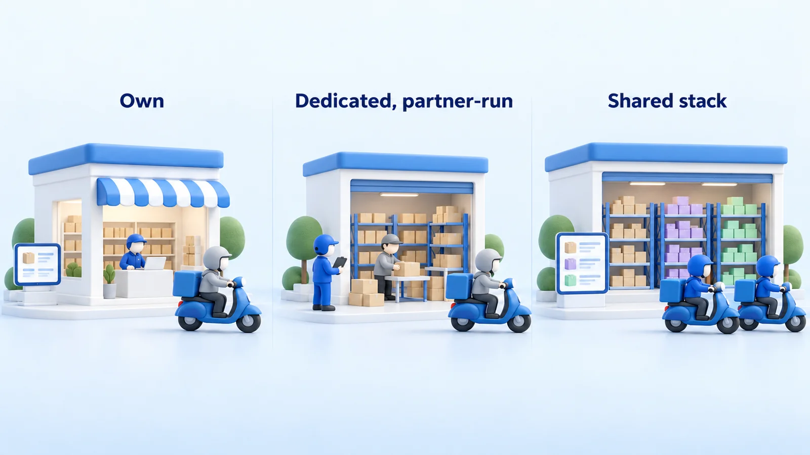 Three quick-delivery models side by side: Own (a brand's own store), Dedicated partner-run (a partner-operated dark store) and Shared stack (one dark store holding many brands' stock)